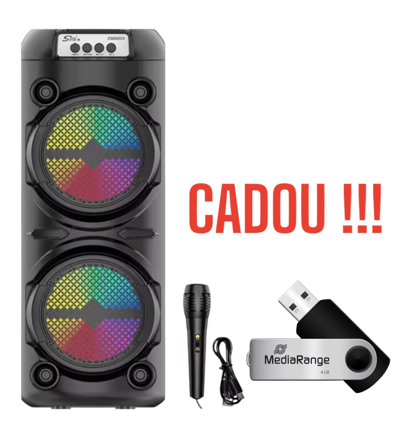 PACHET PROMO : Boxa portabila ZQS6223 + stick 4GB cadou, Bluetooth, Karaoke led player, Microfon, 1800mAh, 100W PMPO, 51cm PACHET PROMO : Boxa portabila ZQS6223 + stick 4GB cadou, Bluetooth, Karaoke led player, Microfon, 1800mAh, 100W PMPO, 51cm